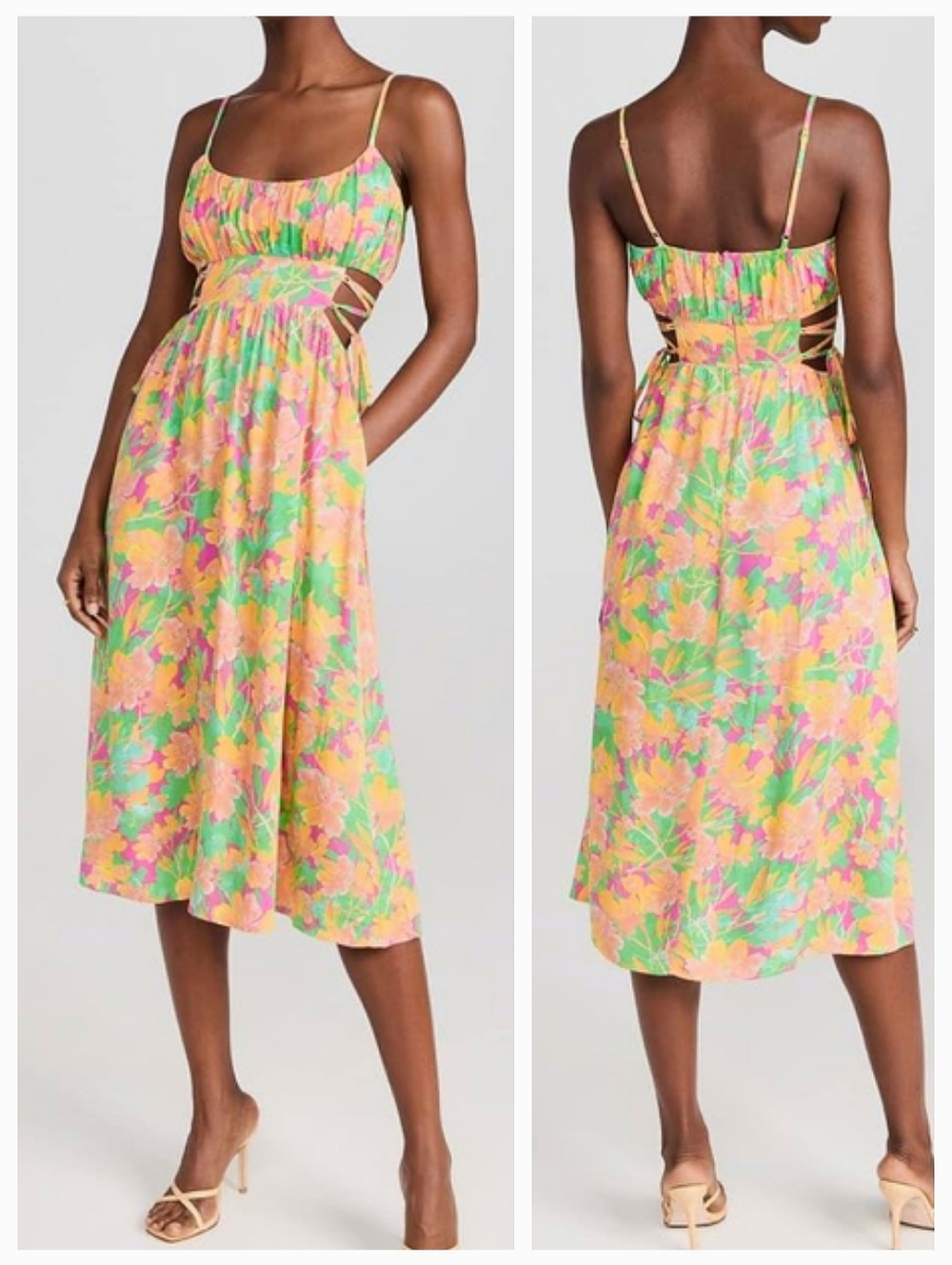 Lost + Wander Yellow Tropical Dress Small S Midi Lace Up Cutouts Summer Resort